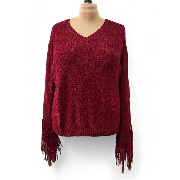 L&B Lucky & Blessed Soft V-Neck Maroon Sweater with Fringe on Sleeves, Size 3X - Picture 2 of 10